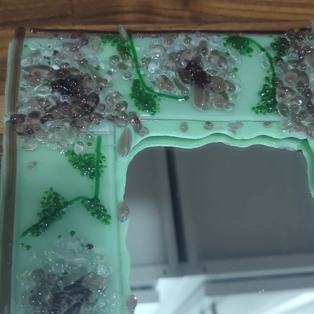 Artist made 8x10 fused glass mirror with hanger flowers green